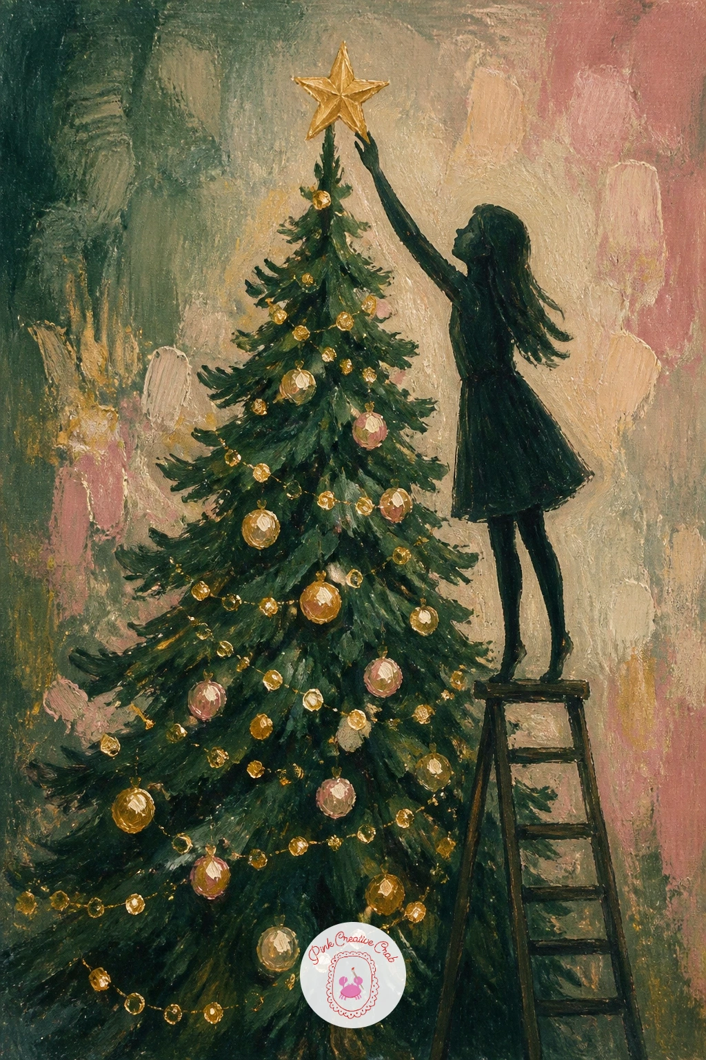 Tree Being Decorated By A Girl On A Ladder — Close the list with some action: a girl standing on a small ladder decorating the very top of the tree. Christmas