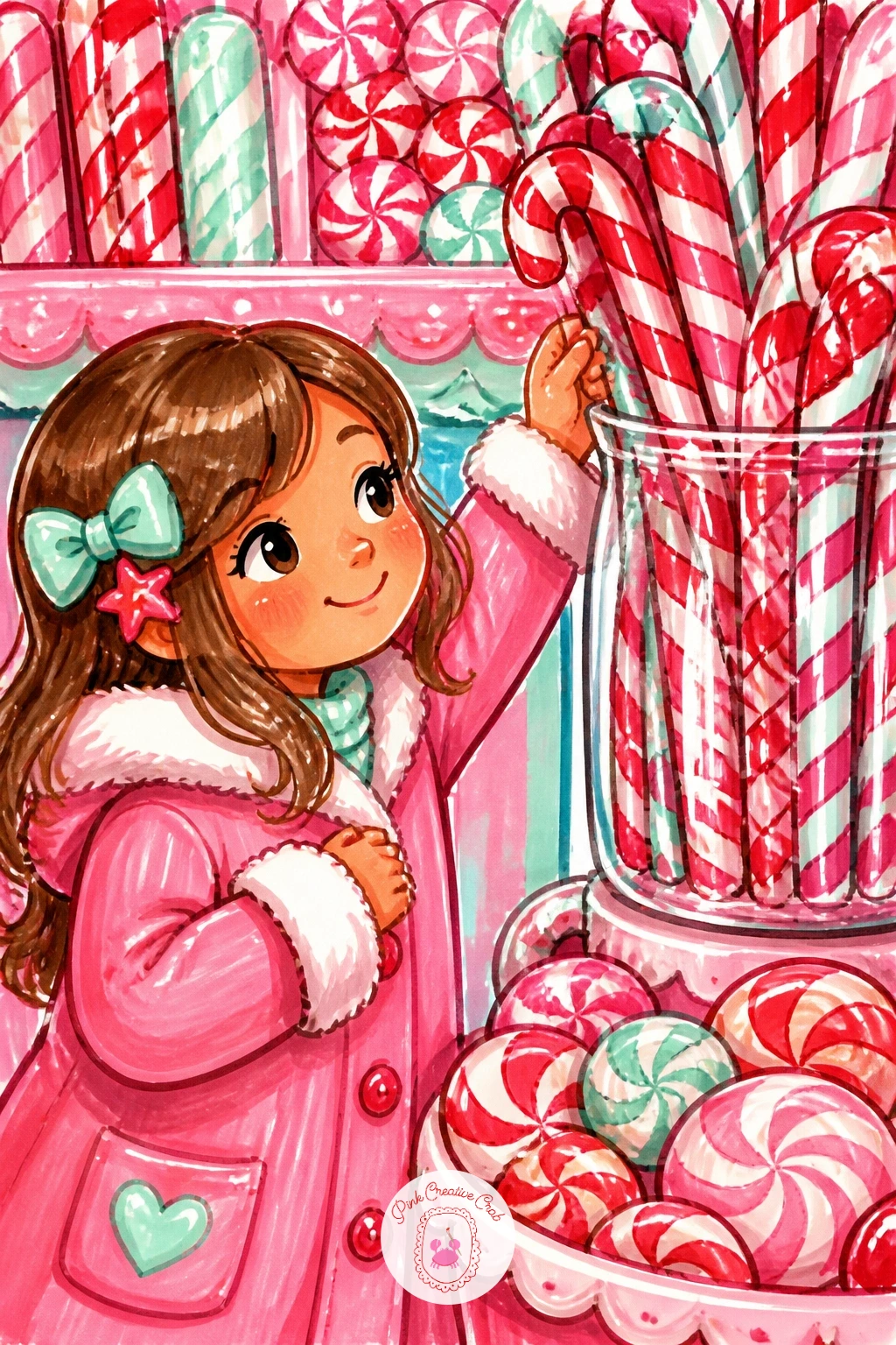 Girl Choosing Candy Canes — Bring a figure into your candy scene with a girl standing at a counter, reaching for a candy cane from a tall glass jar. Christmas