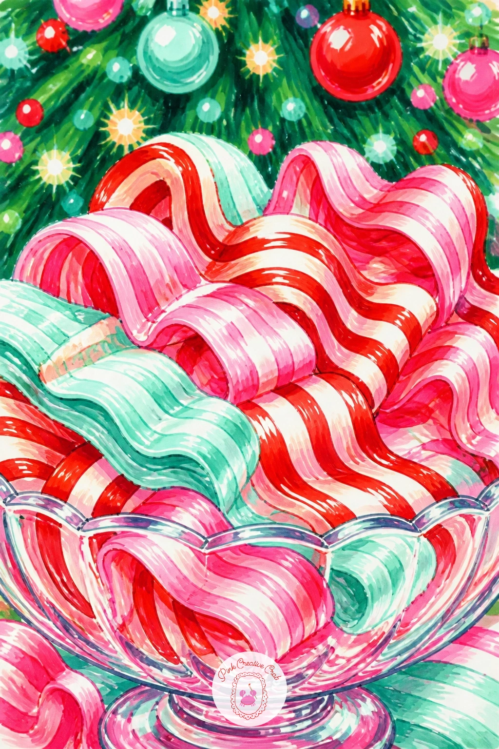 Ribbon Candy By the Tree — Ribbon candy is one of the most fun shapes to draw because it is really just a wavy ribbon seen from the side, stacked in loops