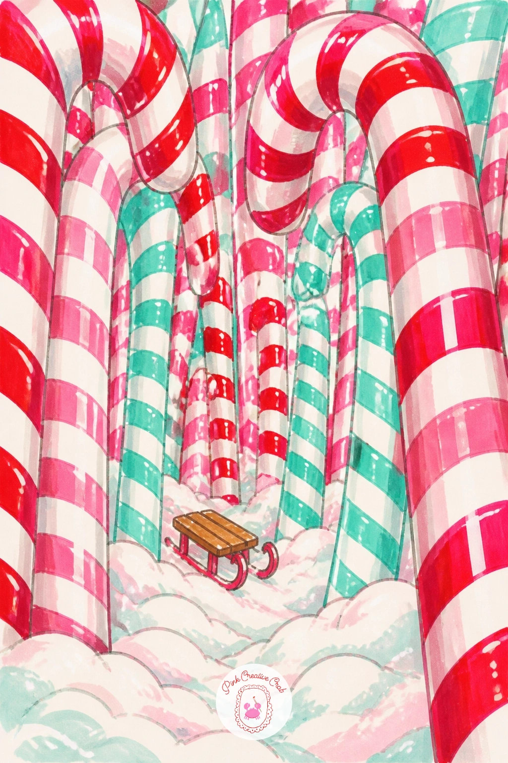 Candy Cane Forest With a Tiny Sled — Trade a single candy cane for a whole forest of them, standing upright like a row of striped pine trees with a tiny sled
