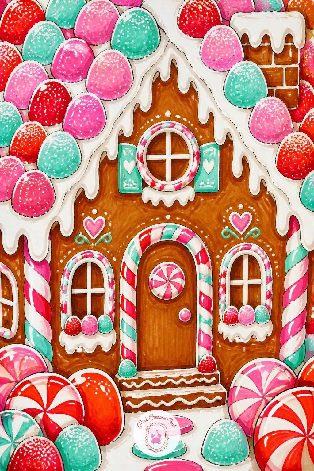 Gingerbread House With Gumdrop Roof — Build the gingerbread house as a basic house shape first: a square body, triangle roof, and a simple door and window