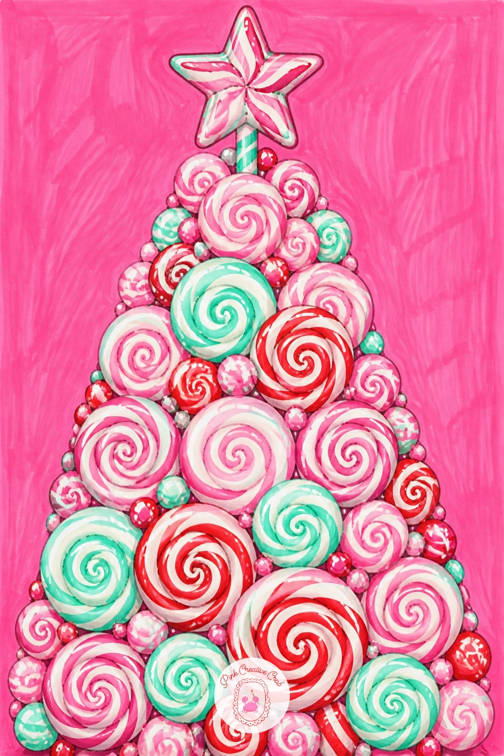 Lollipop Tree in a Pink Room — Turn the classic Christmas tree into a lollipop tree by drawing a simple cone shape, then covering it in overlapping swirl