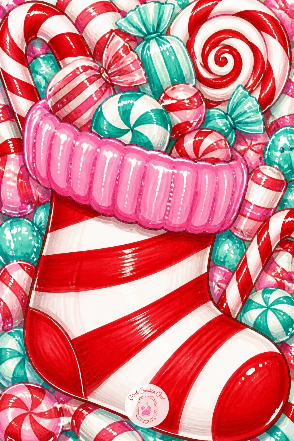 Candy-Striped Stocking Full of Sweets — A stocking shape is forgiving to draw: one curved boot outline, wider at the top, with a simple heel bump at the