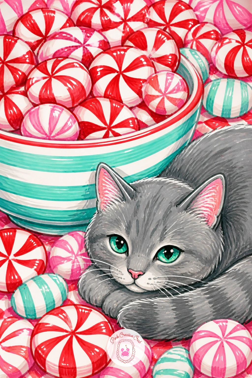 Bowl of Mints With a Cat — Pair a simple bowl of red and white starlight mints with a cat curled beside it for a cozy, playful pairing. Christmas candy drawing