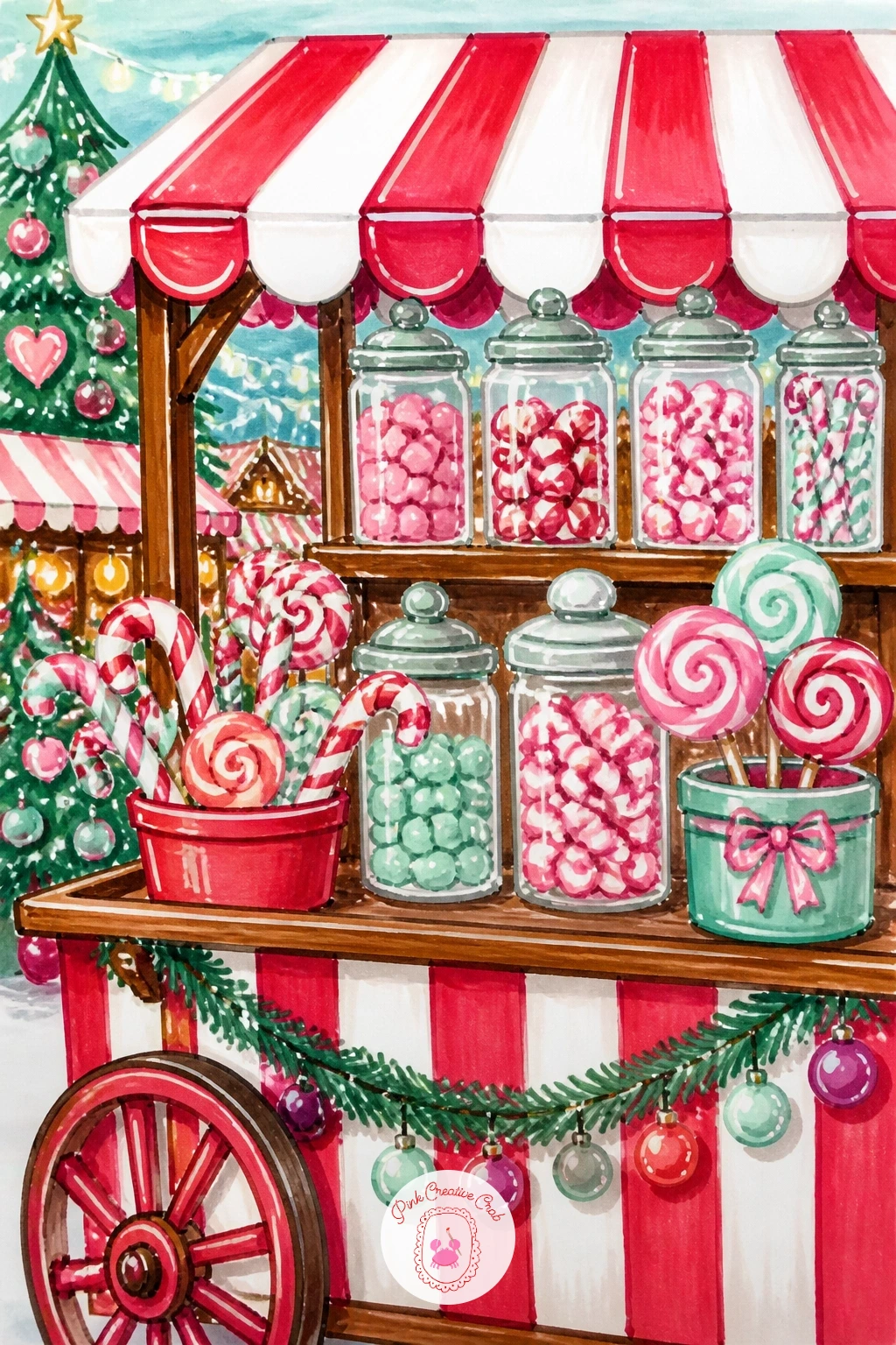 Sweet Cart at a Christmas Market — Give your candy a setting with a small wooden sweet cart, striped awning overhead, sitting in a Christmas market scene.