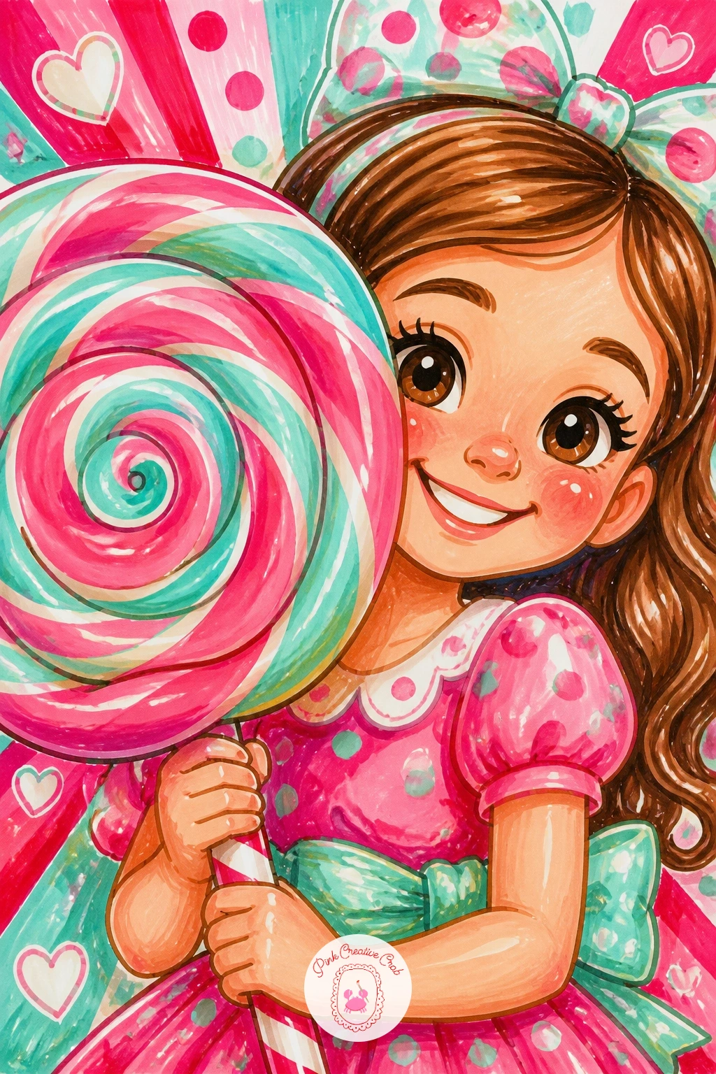 Girl With a Giant Swirl Lollipop — Scale up the fun with a girl holding a lollipop nearly as big as she is, its swirl pattern becoming the centerpiece of the