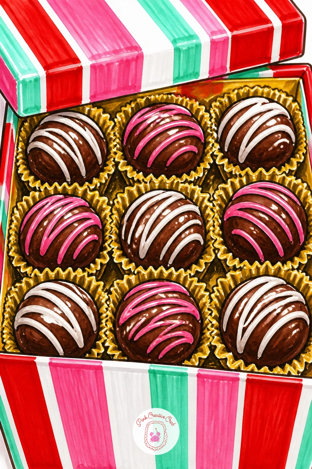 Chocolate Box With Gold Truffles — Open a simple square chocolate box to reveal a grid of round truffles nestled in gold paper cups, a nice contrast of warm