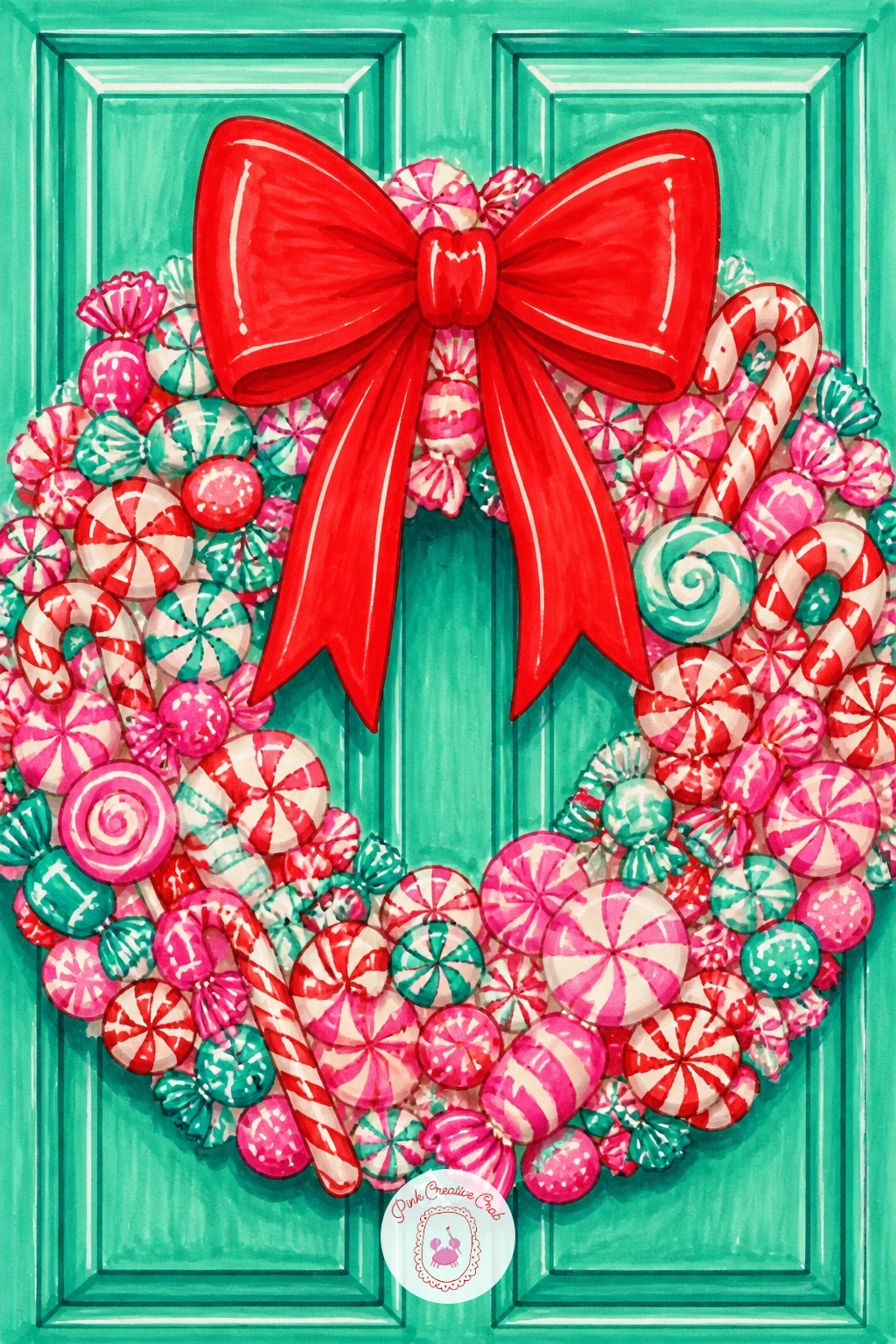 Candy Wreath on a Door — Build a wreath shape the easy way: draw a simple circle ring first, then cover it entirely with small candies instead of greenery