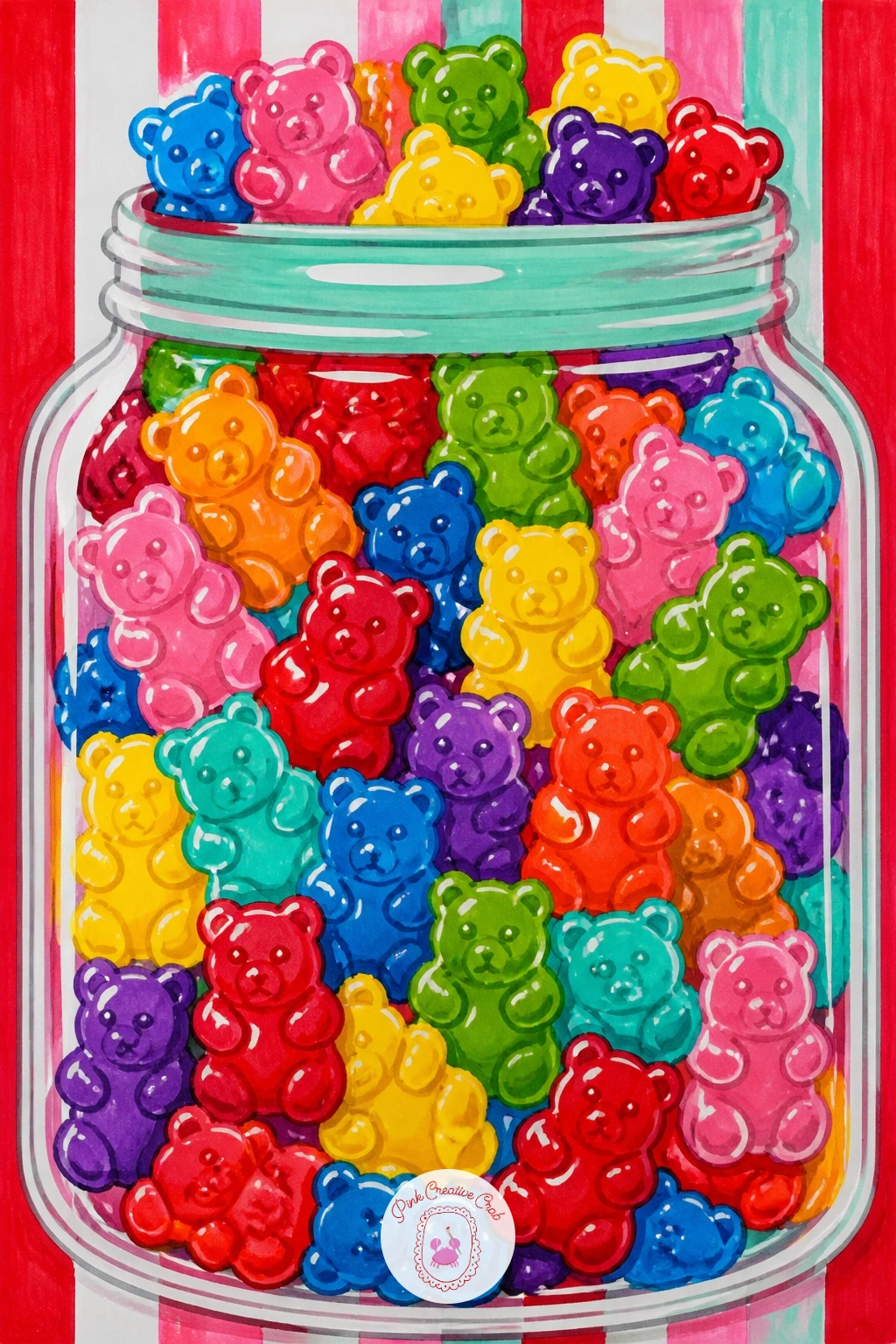 Rainbow of Gummy Bears in a Jar — Fill a simple jar shape with a rainbow of gummy bears, a subject that rewards bold flat color blocking more than fine detail.