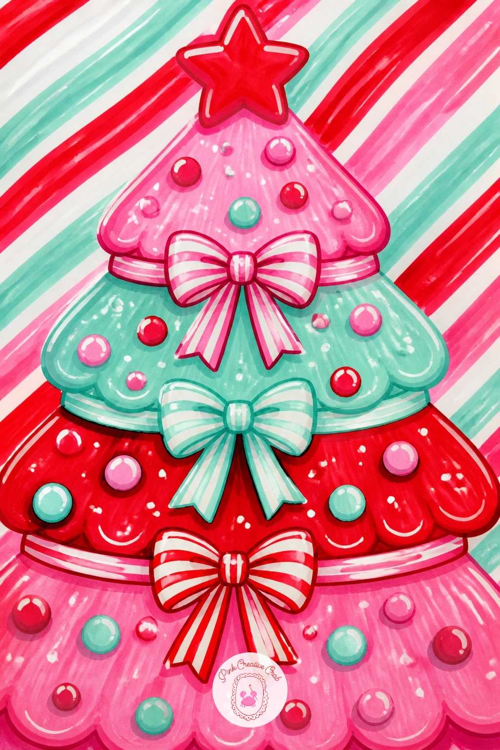 Candy-Colored Tree With Bows — Color a whole Christmas tree in candy shades instead of green, with big bows tied at intervals up the trunk line, a fun