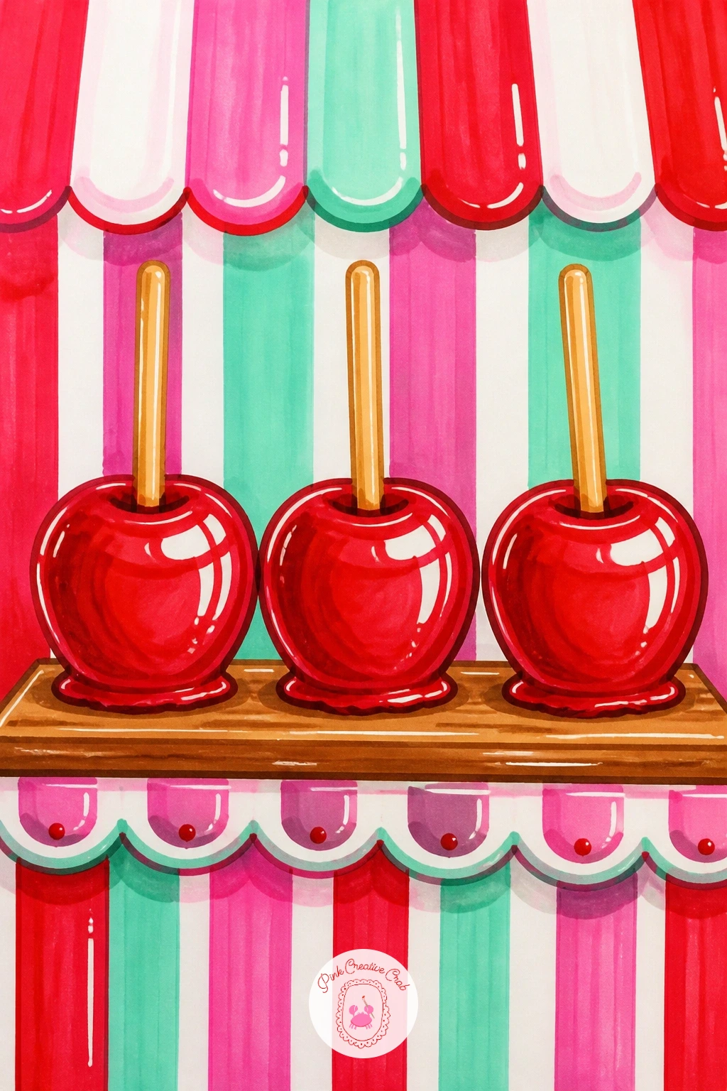 Candy Apple Stand — Set up a small stand of candy apples on sticks, their glossy red shells catching the light, a nice chance to practice shine on a rounded