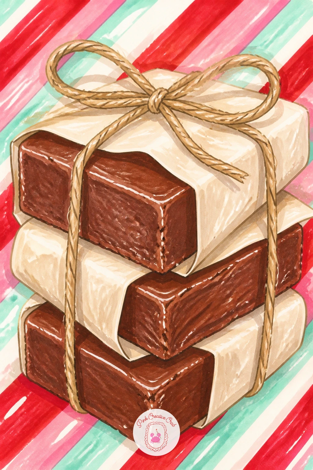 Fudge Squares Tied With Twine — Stack a few simple fudge squares, each wrapped loosely in paper and tied with a bit of twine, for a cozy small-scale subject