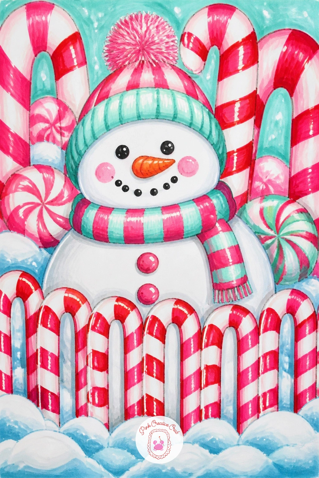 Candy Cane Fence Around a Snowman — Fence in a simple snowman with a row of candy canes planted upside down along the ground, their hooks forming a cheerful