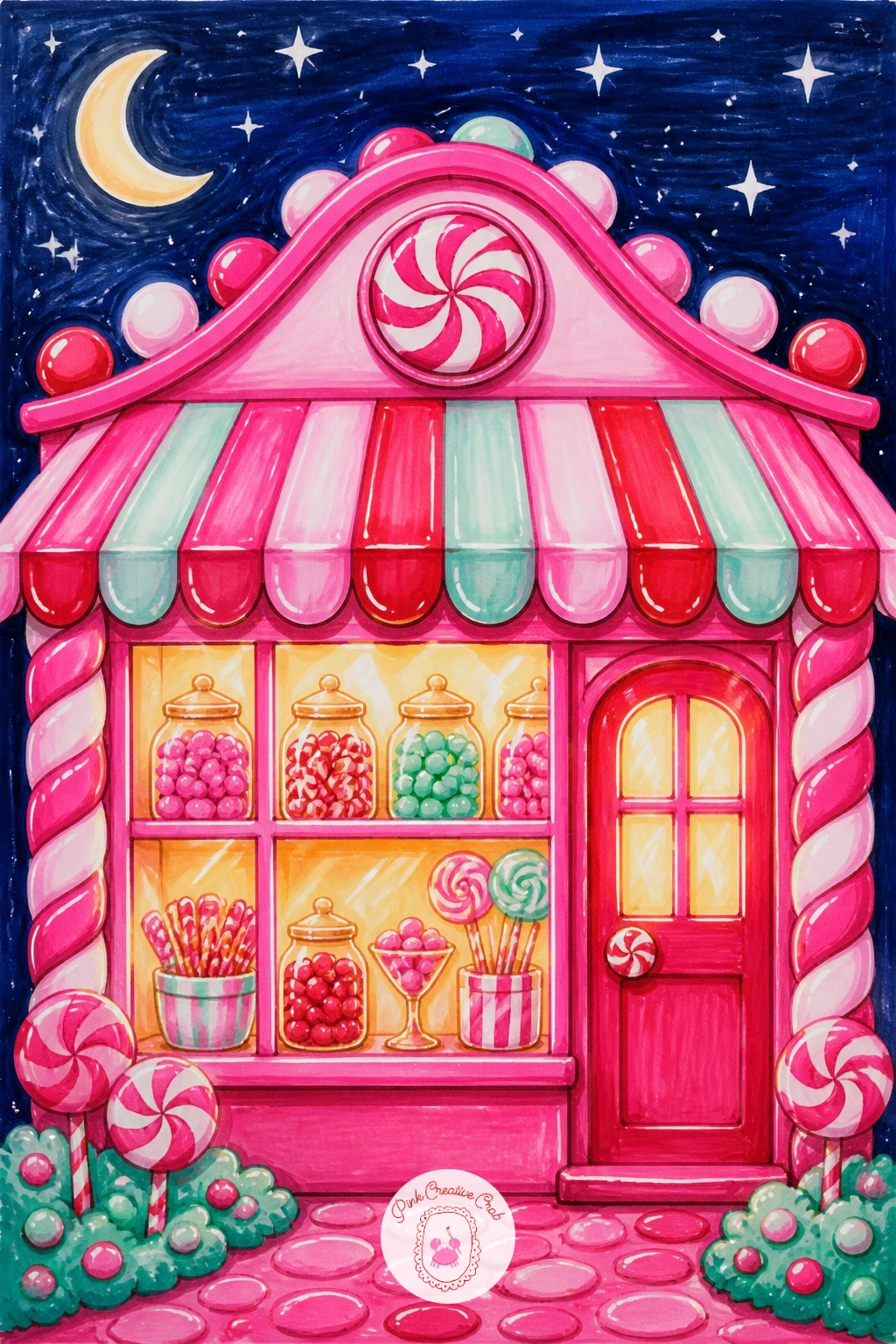Pink Candy Shop at Night — Light up a small candy shop front at night, its windows glowing warm against a cool evening sky, for one of the more atmospheric