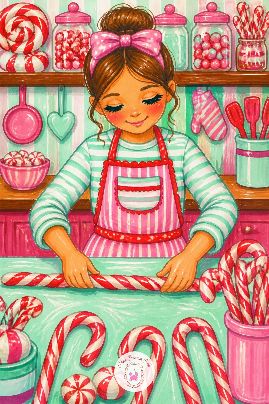Girl Making Candy Canes in a Kitchen — Show the candy cane being made rather than finished, with a girl in a kitchen twisting red and white dough together on a