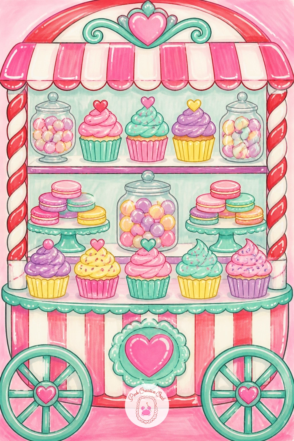 Pastel Dessert Cart — Roll out a dessert cart loaded with a mix of pastel sweets, cupcakes, macarons and small candies, for a wider variety subject after so