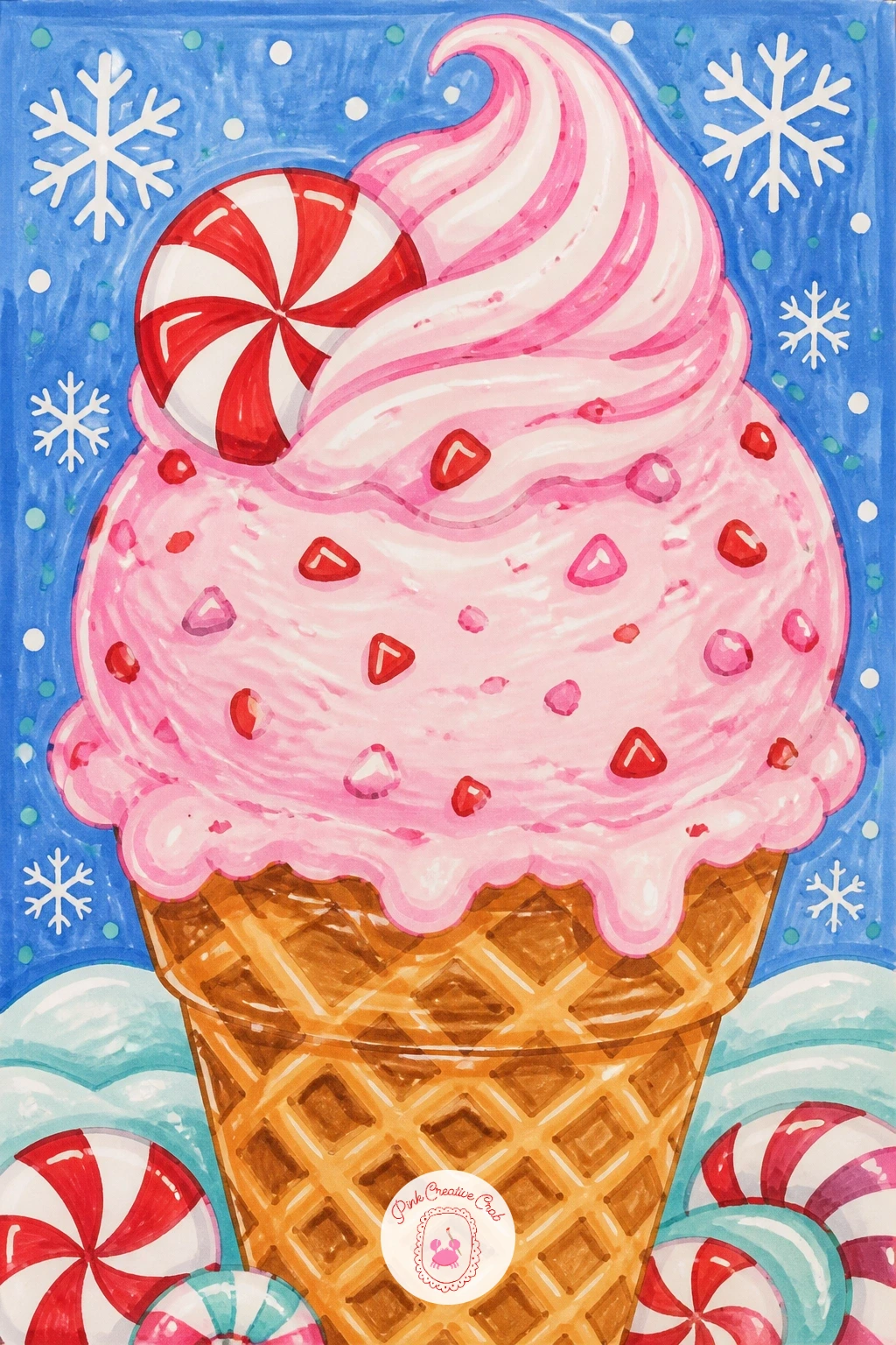 Peppermint Ice Cream Cone in Winter — Pair a cold treat with a cold season by drawing a peppermint ice cream cone, its scoop swirled with pink and white