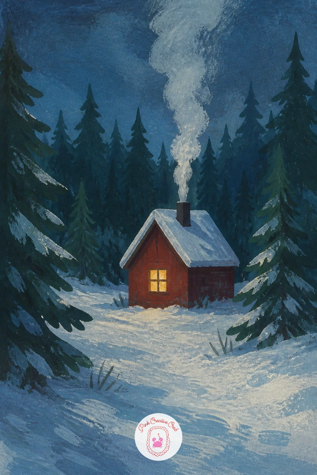 Red Cabin With Smoke in a Clearing — Move from the deer's open clearing to a red cabin with smoke rising from its chimney, a subject that rewards simple