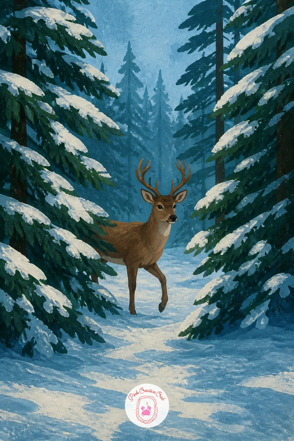 Deer Stepping Out Between Pines — Start the whole series with a deer stepping out between snowy pines, since it sets up the back to front method you will use