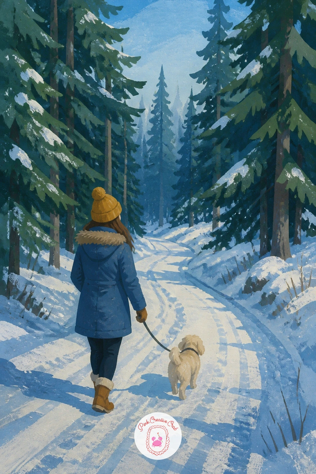 Girl Walking a Dog on a Forest Path — After a quiet cabin, bring in some movement with a girl walking a dog on a forest path that curves away between the