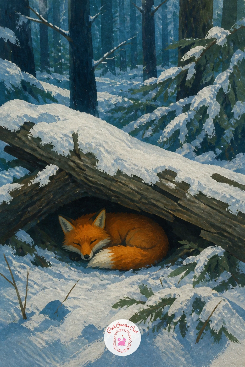Fox Sleeping Under a Fallen Log — Slow the pace right down with a fox sleeping under a fallen log, a cozy counterpoint to the walking figures before it. Winter