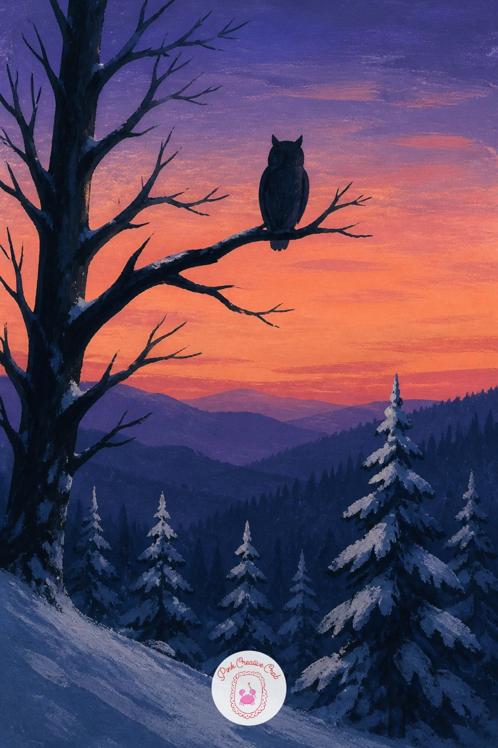 Owl on a Branch at Dusk — Shift the light now to an owl on a branch at dusk, where the whole mood comes from a darkening sky rather than any one detail of the