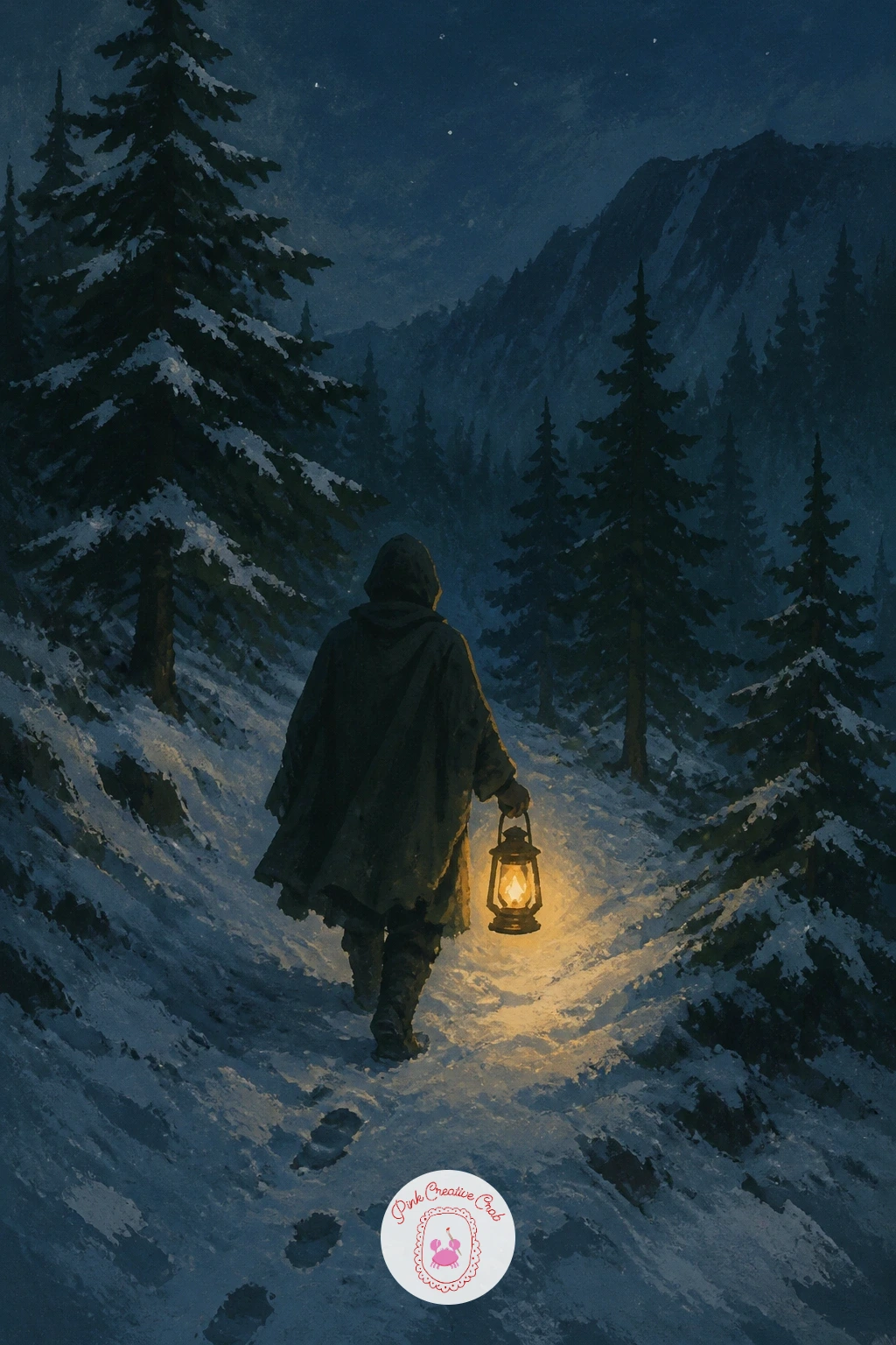 Hiker With a Lantern — Carry that dusk feeling forward into a hiker with a lantern making their way along a snowy trail. Winter forest painting