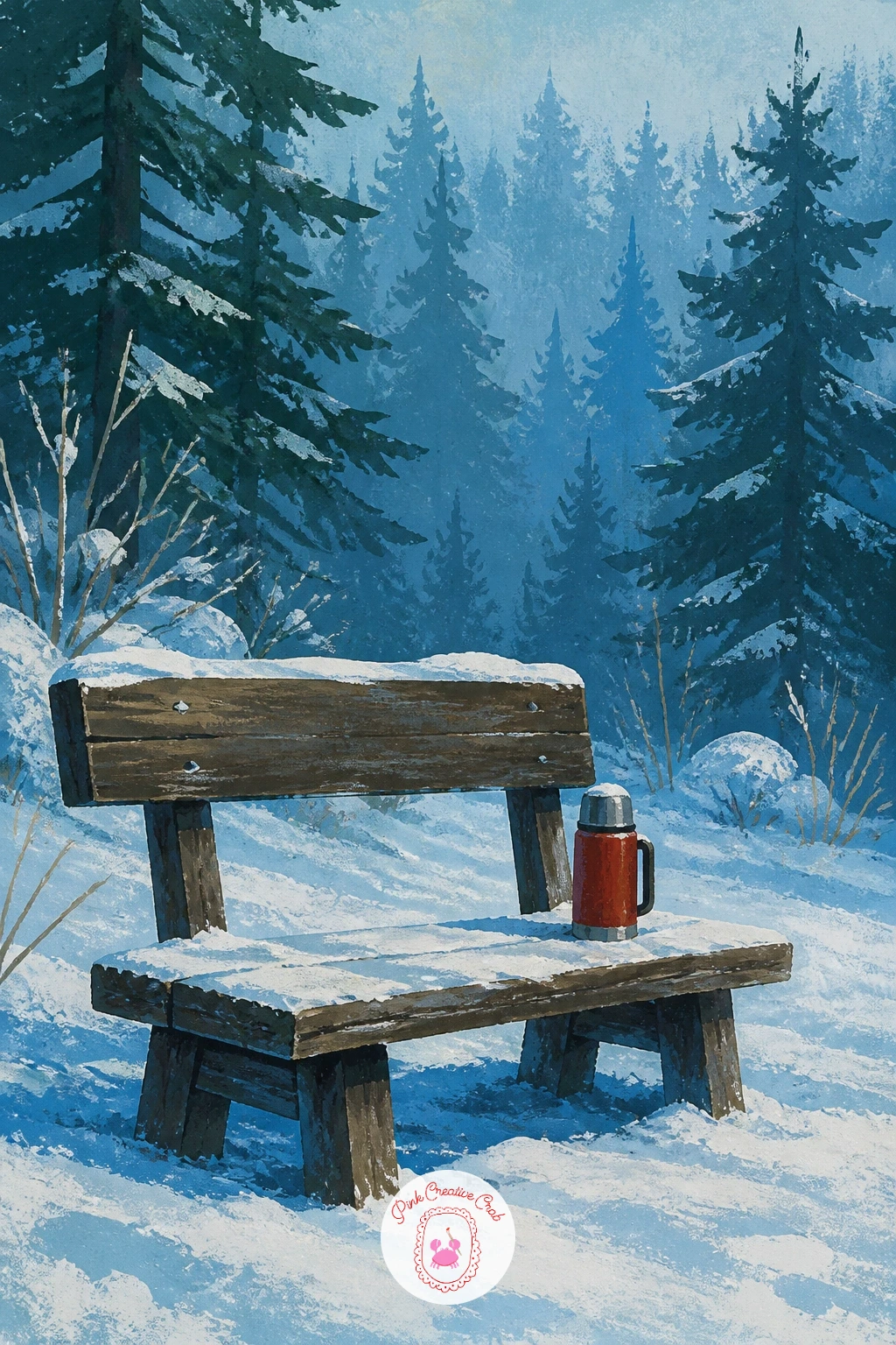 Wooden Bench With a Thermos in the Snow — Give yourself a breather after the figures with a wooden bench and a thermos left in the snow, a still life you can