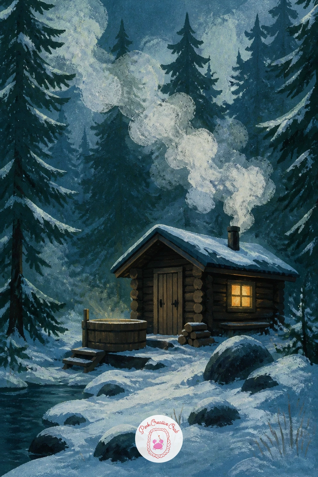 Forest Sauna With Steam — Warm things up again with a forest sauna wrapped in steam, tucked among the pines. Winter forest painting