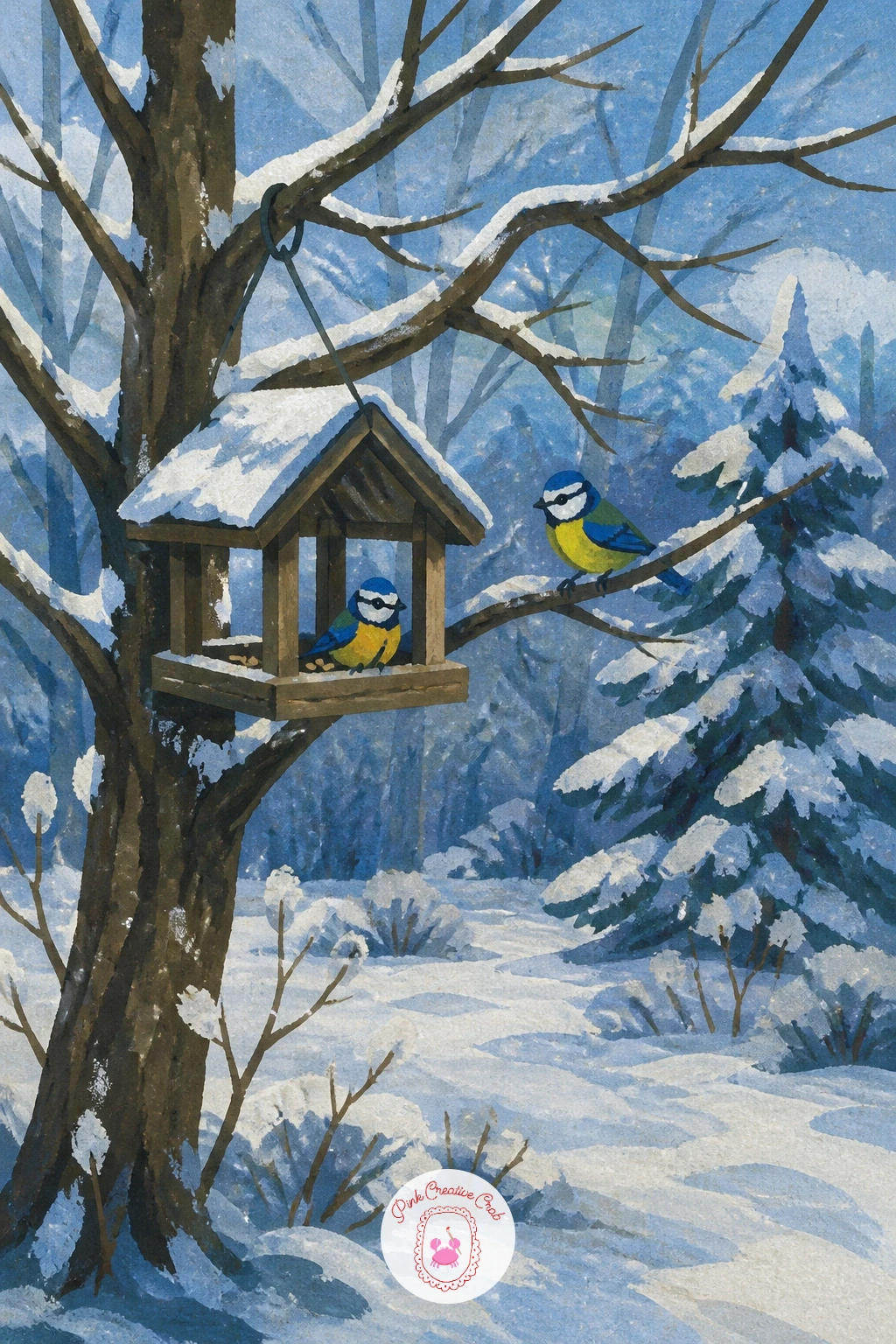 Tree With a Bird Feeder and Blue Tits — Bring some colour and small life into the scene with a tree holding a bird feeder visited by two or three blue tits.