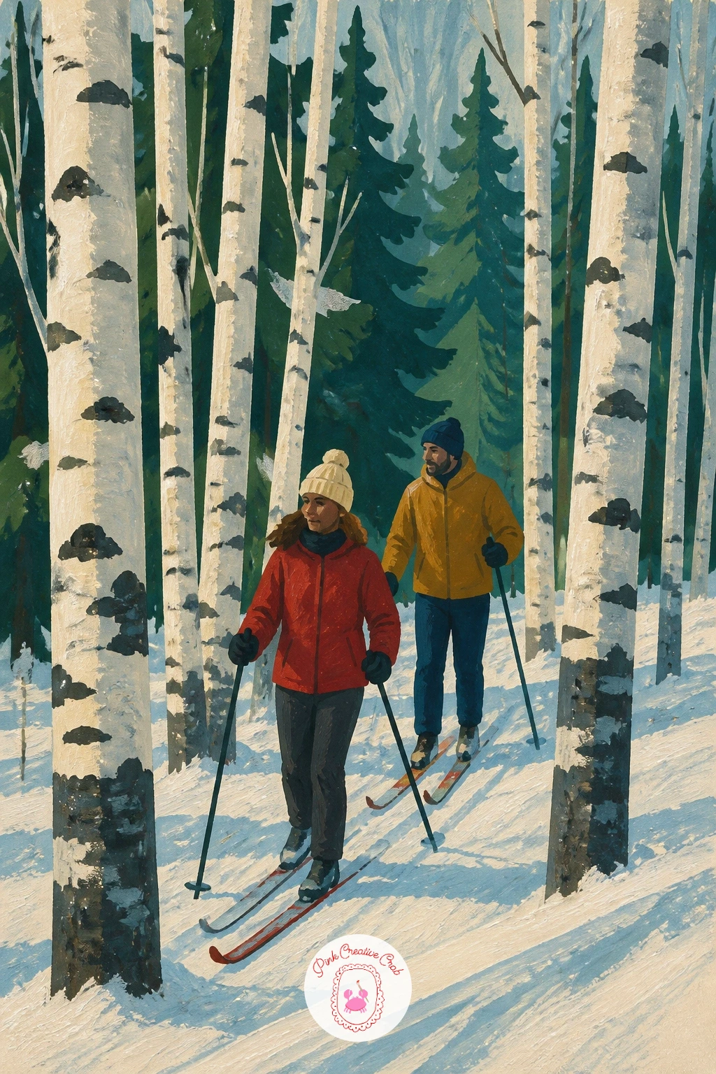Couple Skiing Between Birches — Add a sense of motion and company with a couple skiing between slender white birch trunks. Winter forest painting