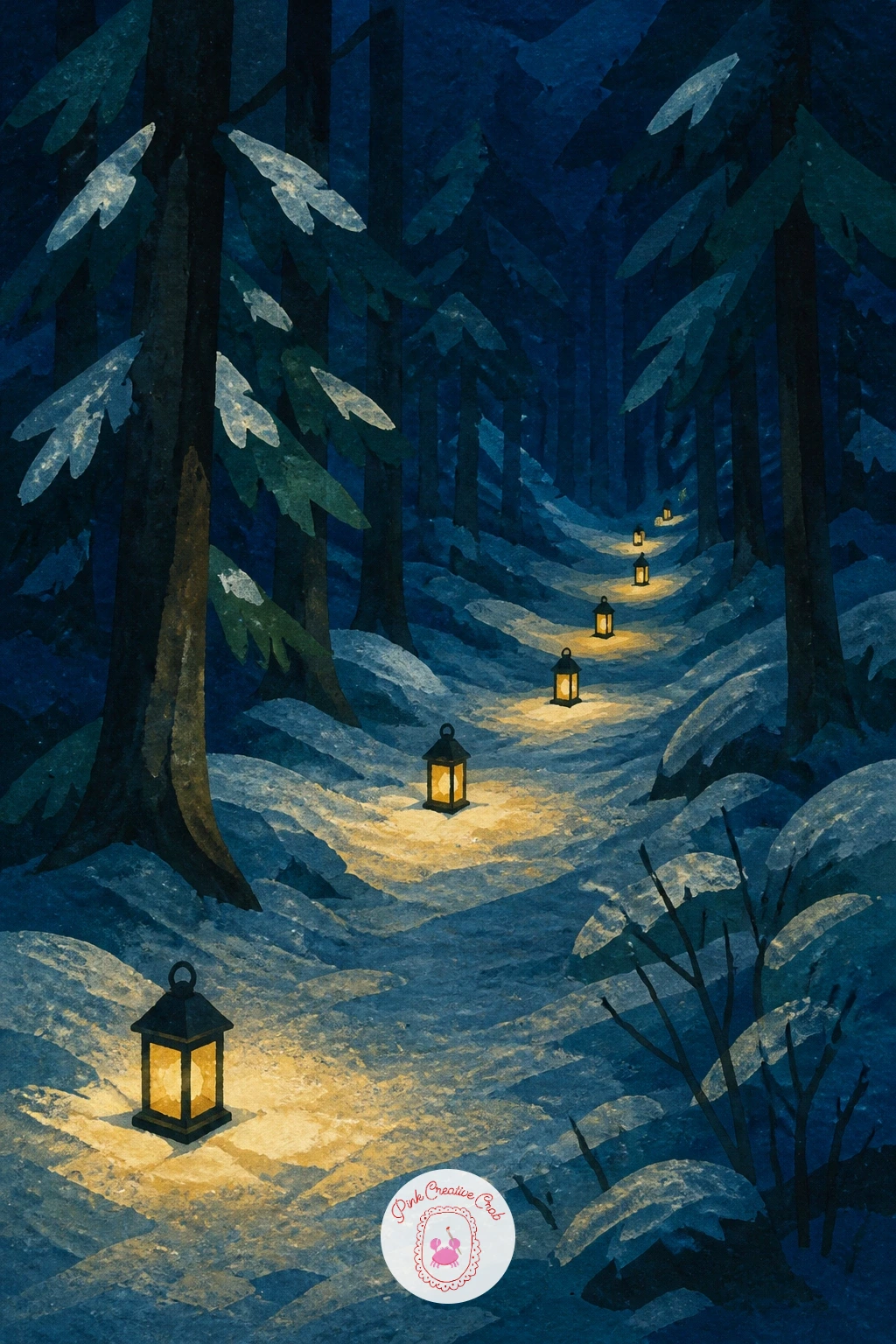 Forest Path Lit by Lanterns — Return to the idea of lantern light, this time spread along a whole forest path lit by a row of small lanterns. Winter forest