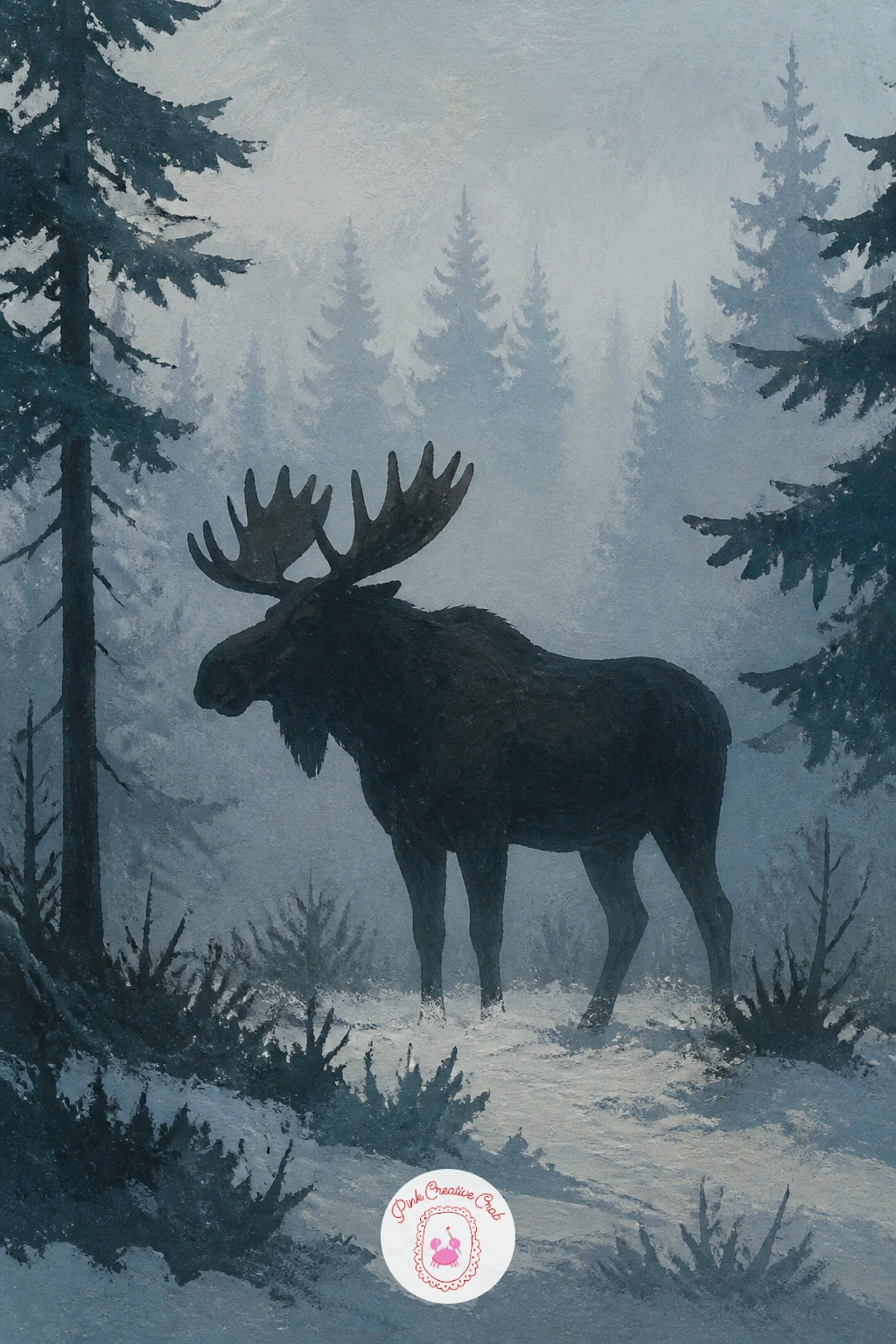 Moose in a Misty Forest — Scale back up to a large, quiet subject with a moose standing in a misty forest. Winter forest painting