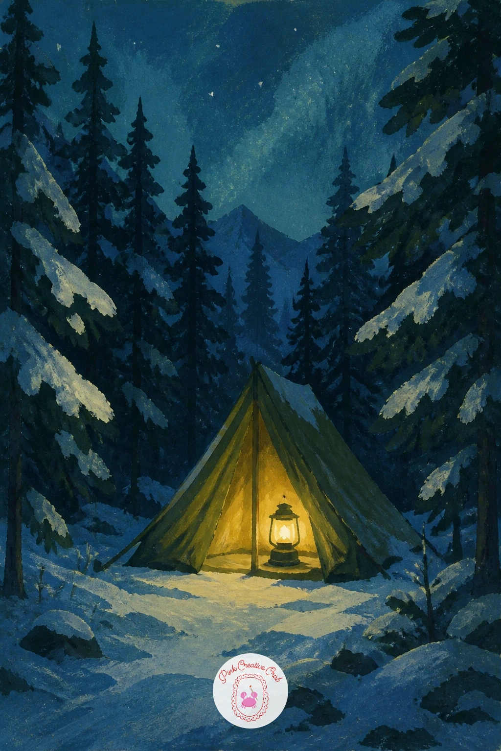 Tent With a Glowing Lantern — Bring the scene in close again with a small tent glowing from a lantern inside it, pitched among snowy trees. Winter forest