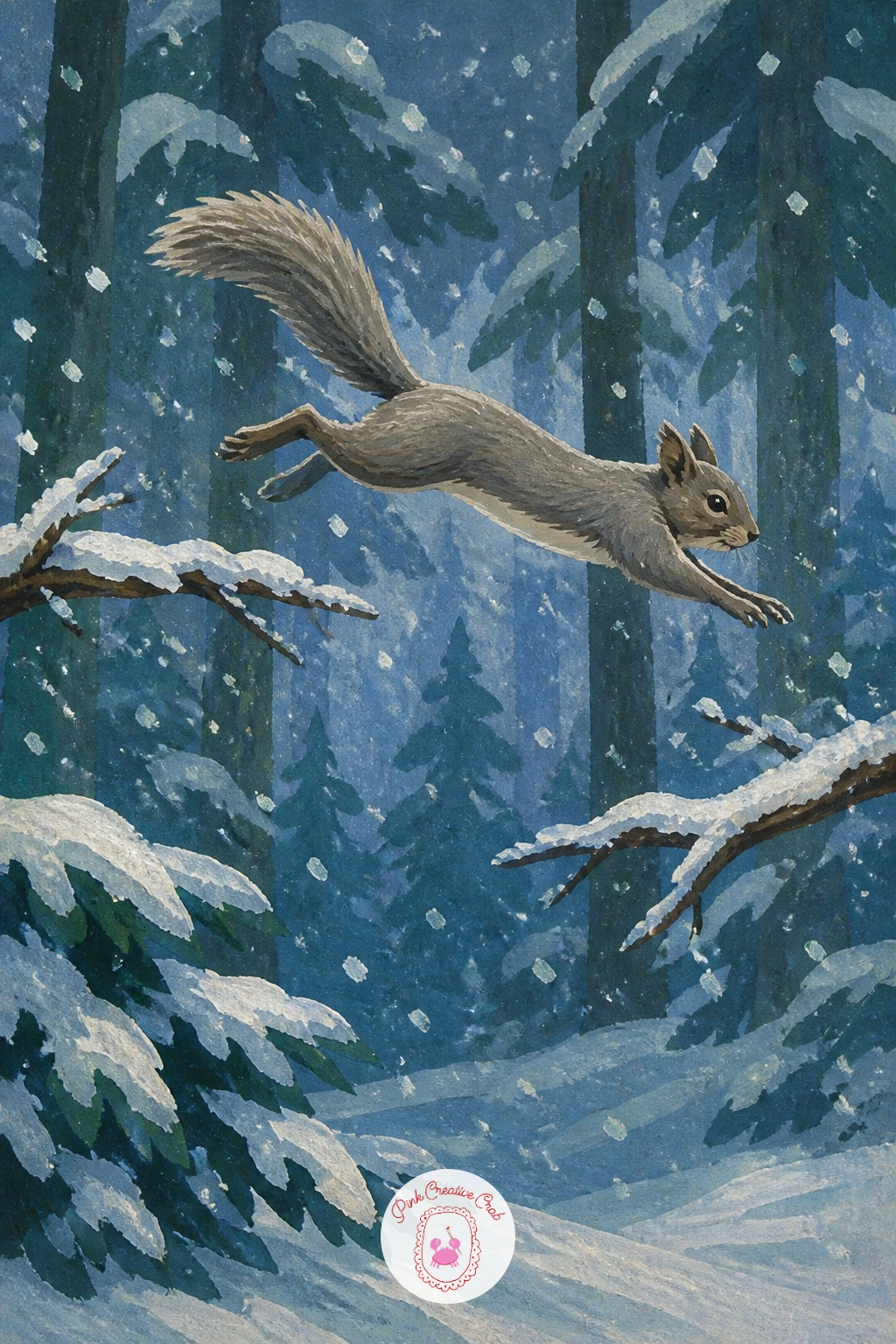 Squirrel Leaping Between Snowy Branches — Pick the energy back up with a squirrel leaping mid-air between two snowy branches. Winter forest painting