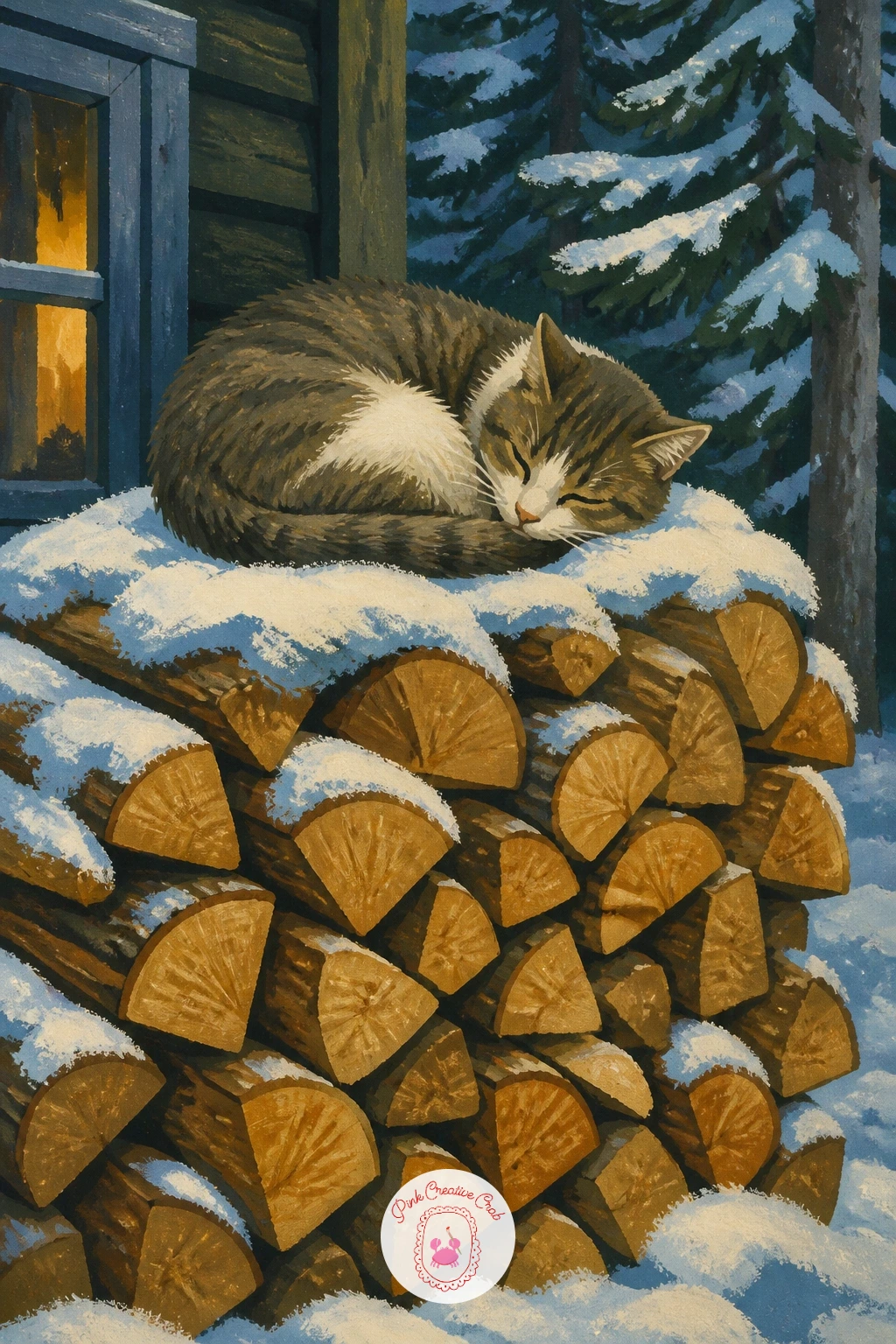 Woodpile With a Cat on Top — Bring some quiet comedy in with a woodpile topped by a napping cat. Winter forest painting