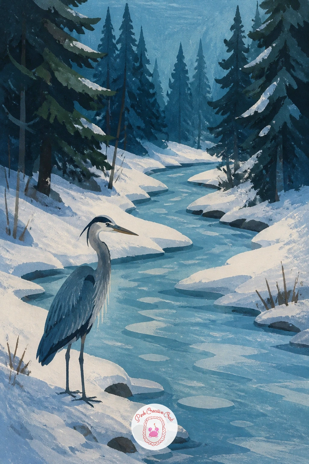 Frozen Stream With a Heron — Shift the scene to water with a heron standing beside a frozen stream threading through the trees. Winter forest painting