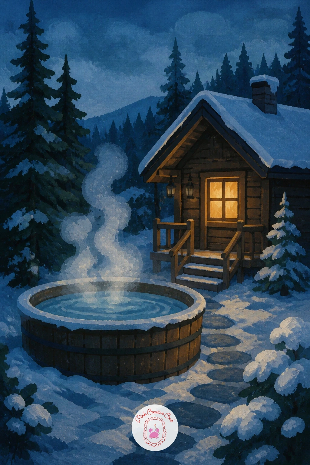 Forest Cabin With a Hot Tub — Return to warmth with a forest cabin beside a steaming hot tub tucked into the snow. Winter forest painting