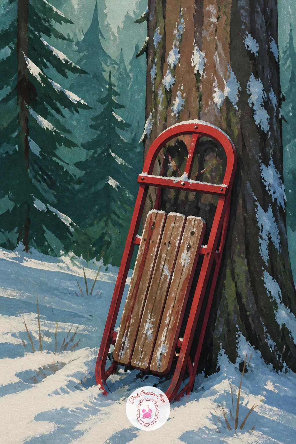 Red Sled Left by a Tree — Ease into a simpler still-life moment with a red sled left leaning against a tree trunk. Winter forest painting