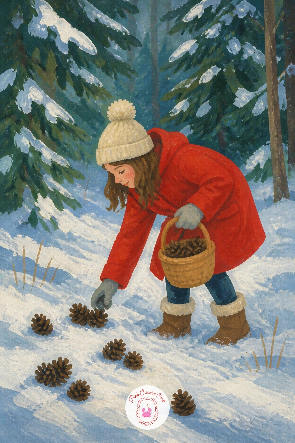 Girl in a Red Coat Gathering Pine Cones — Bring a figure back into the frame with a girl in a red coat gathering pine cones from the forest floor. Winter