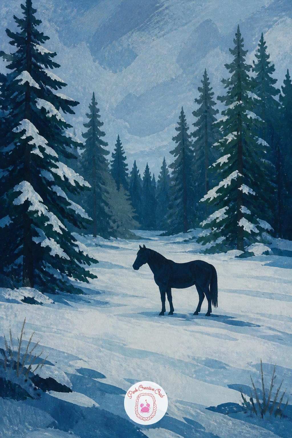 Horse in a Snowy Forest Clearing — Scale the subject back up with a horse standing calmly in a snowy forest clearing. Winter forest painting