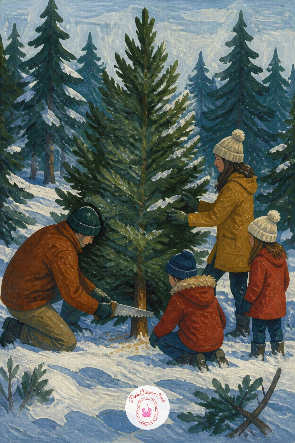 Family Cutting Their Own Tree — Bring in a small group scene with a family cutting their own tree from among the pines. Winter forest painting