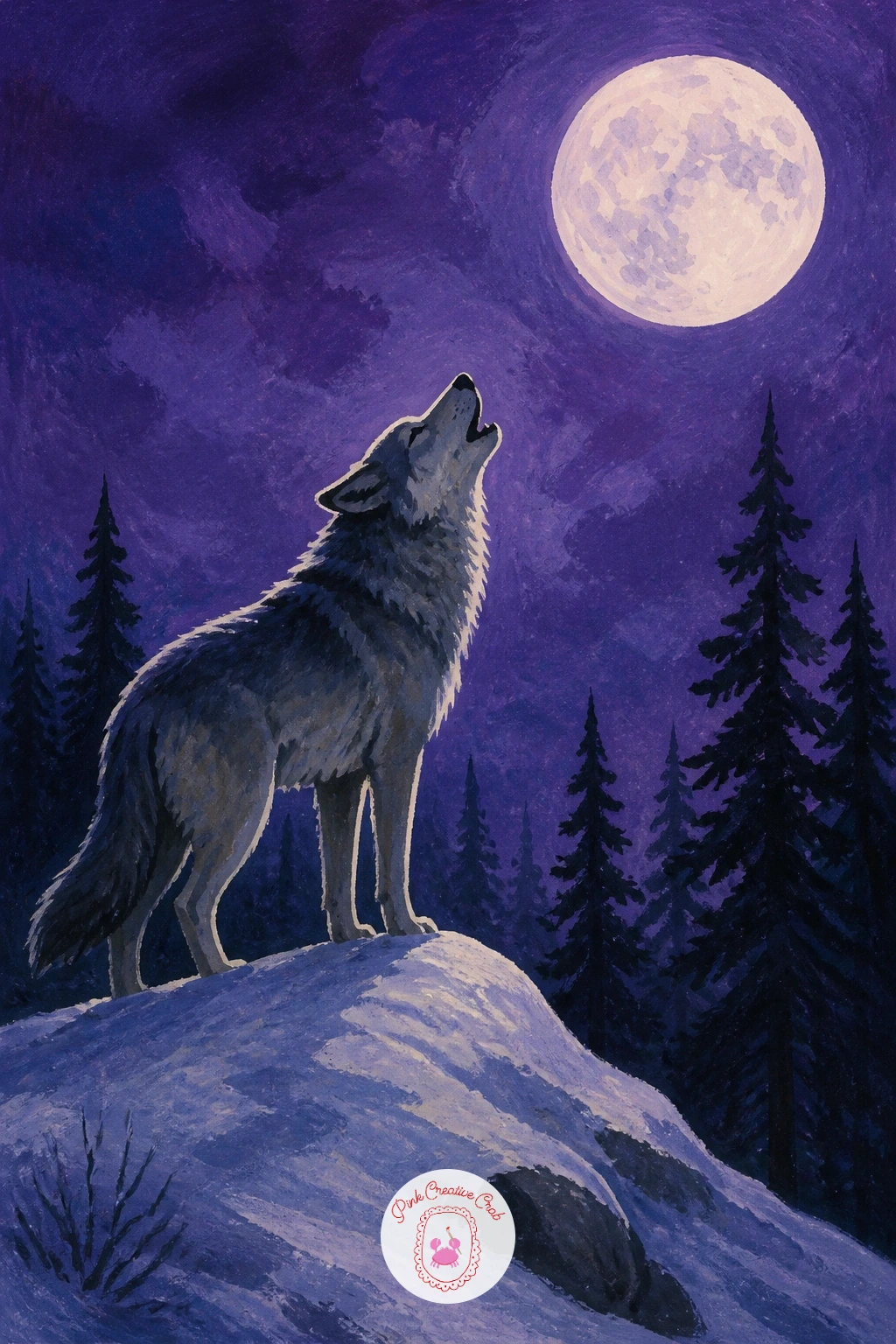 Wolf Howling at a Pale Moon — Shift the mood to something a little wilder with a wolf howling at a pale moon above the treeline. Winter forest painting