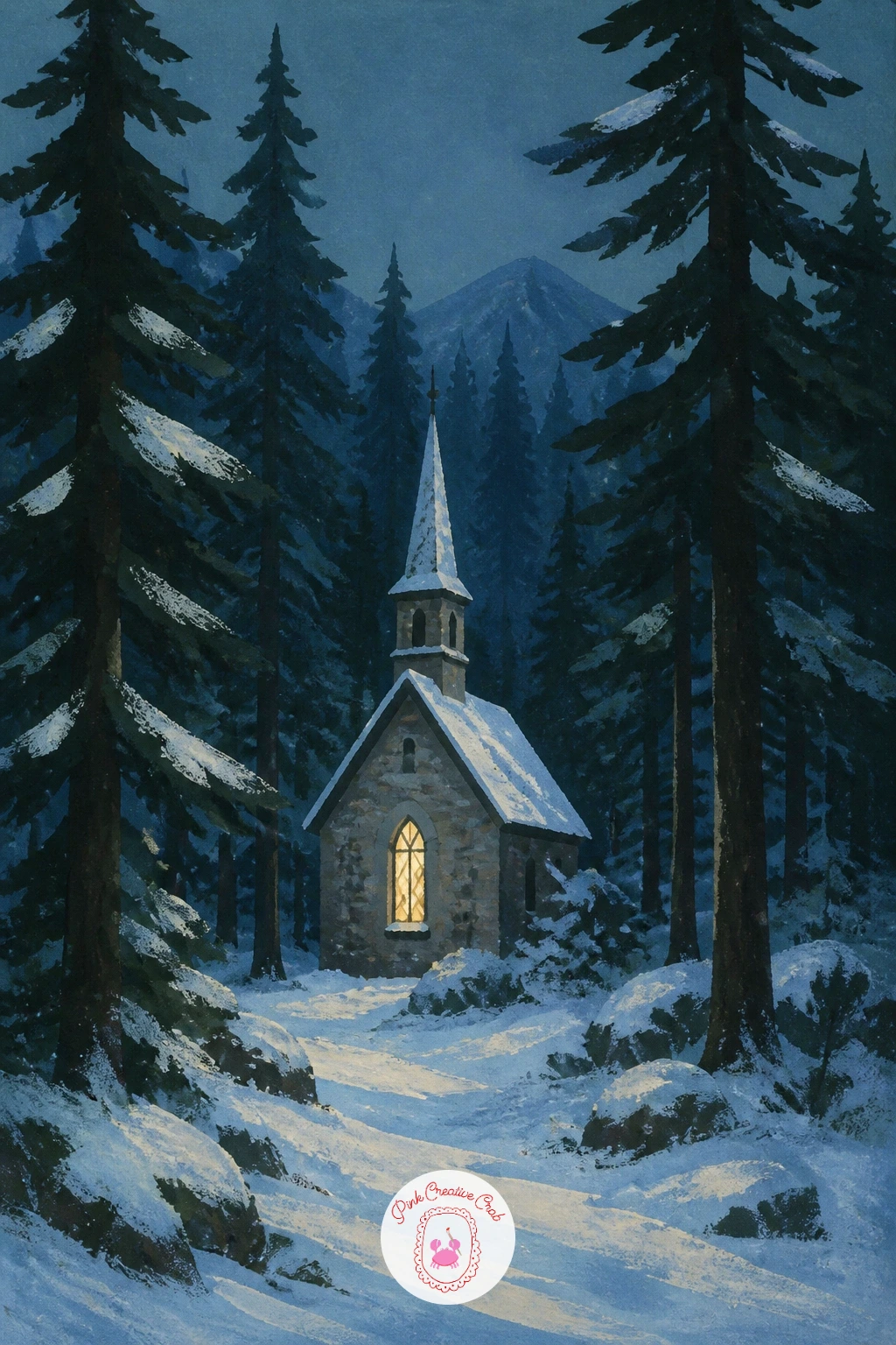 Tiny Chapel Among Pines — Settle back into stillness with a tiny chapel tucked among tall pines, its small spire just visible above the snow. Winter forest