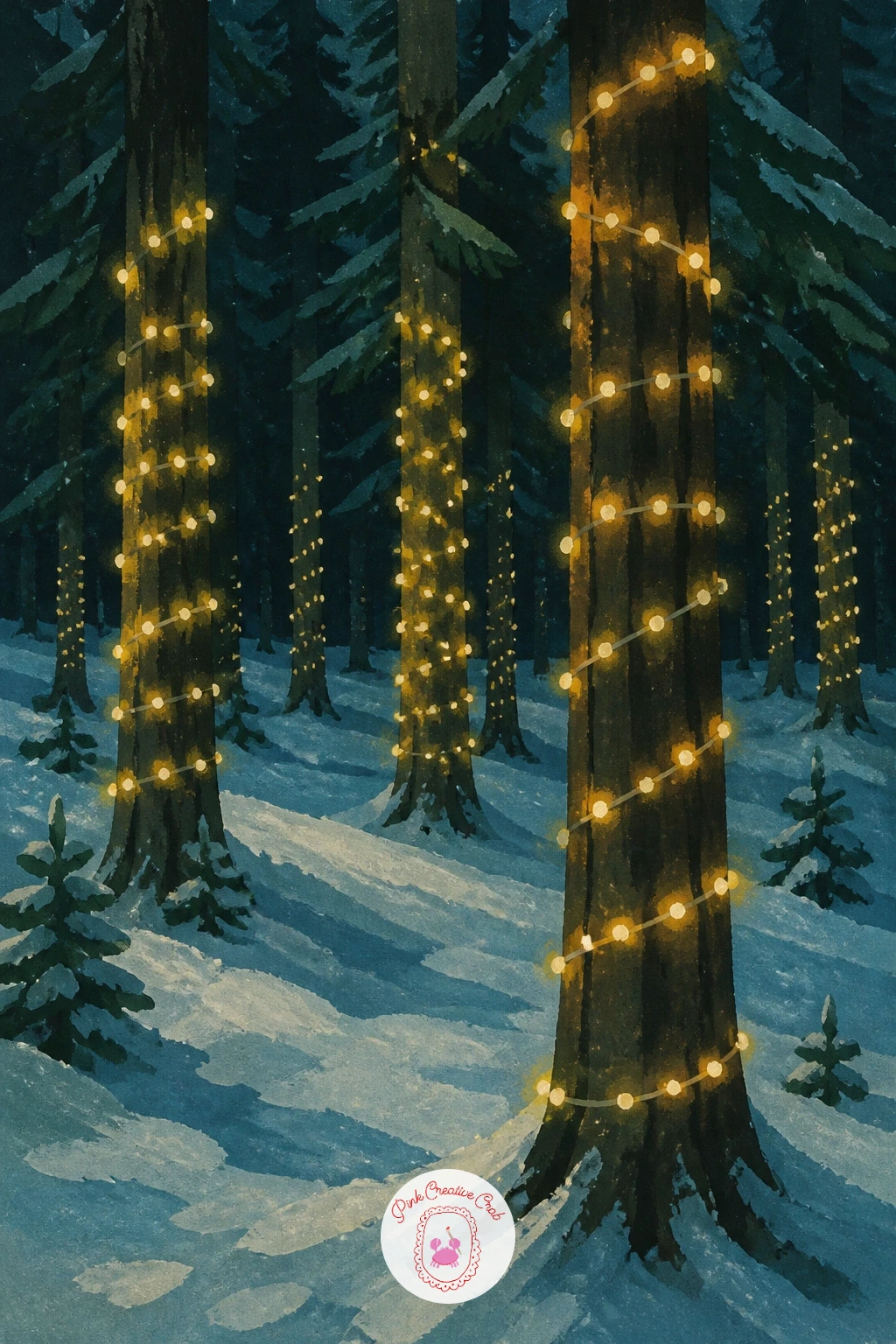 Forest With Fairy Lights Wrapped on Trunks — Bring a festive sparkle in with a stretch of forest where fairy lights wind up several tree trunks. Winter forest