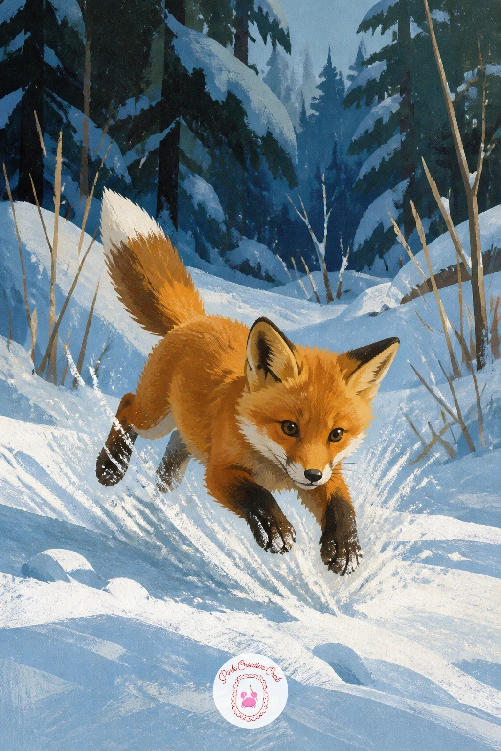 Fox Cub Playing in Fresh Snow — Lighten the mood with a fox cub mid-pounce, playing alone in a patch of fresh snow. Winter forest painting
