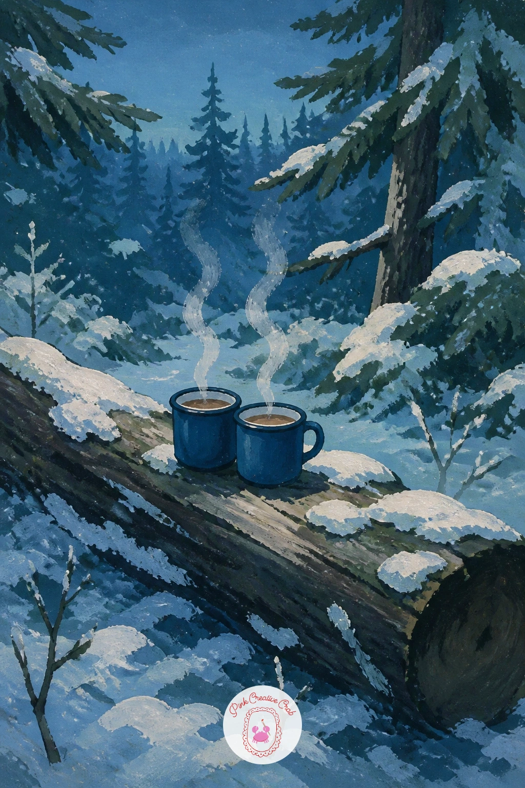 Picnic of Cocoa on a Fallen Log — Return to a quiet still life with a small picnic of cocoa mugs set out on a fallen log. Winter forest painting