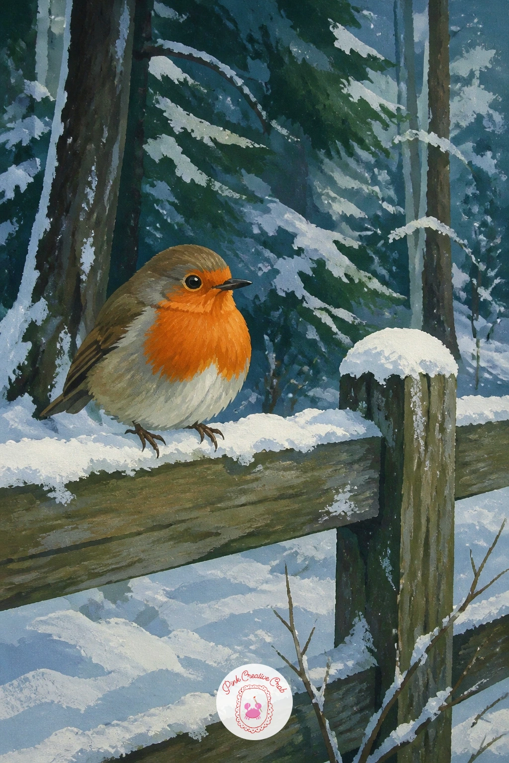 Robin on a Snowy Fence in the Woods — Bring the focus small again with a robin perched on a weathered fence rail deep in the woods. Winter forest painting