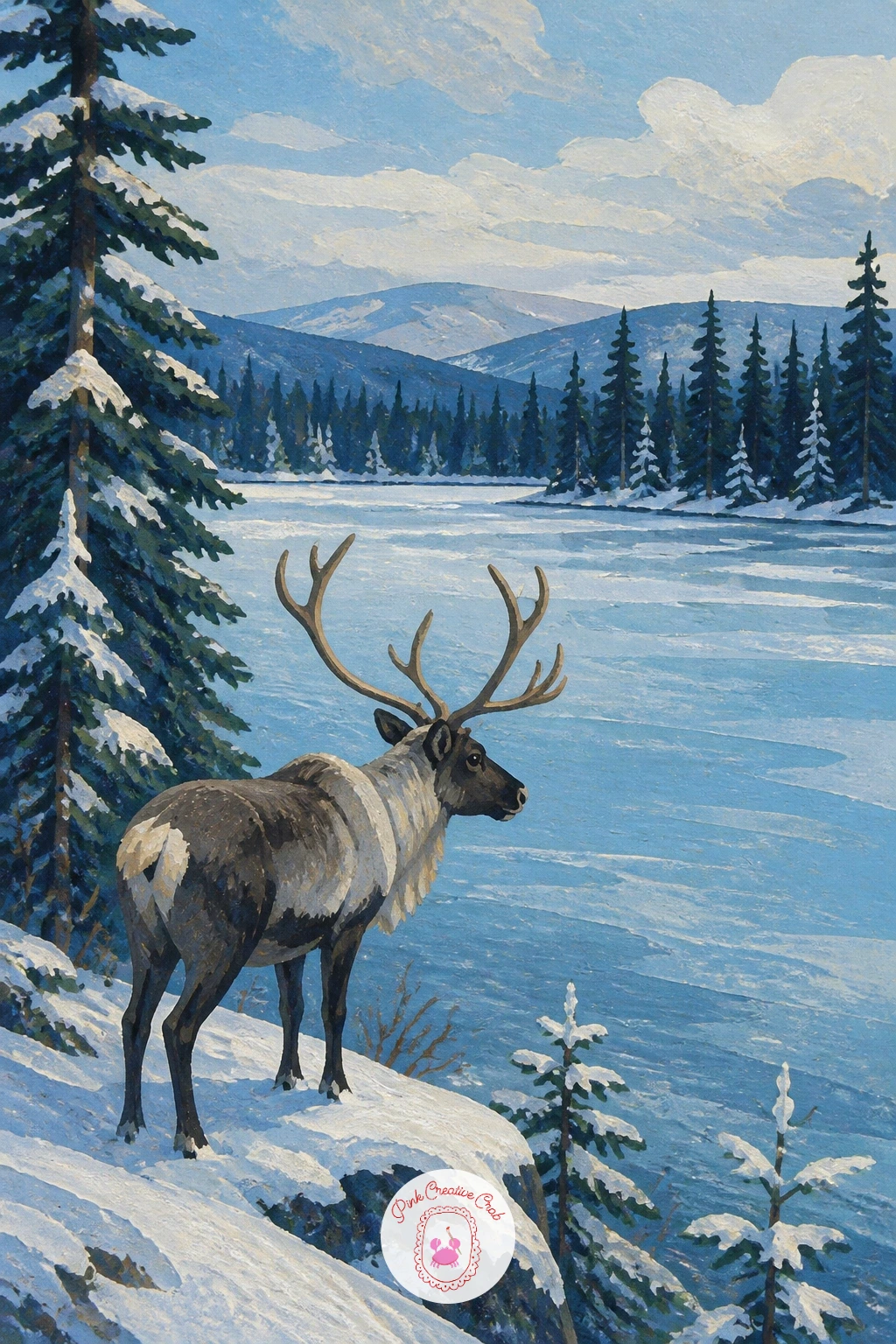 Reindeer by a Frozen Lake in the Forest — Open up the scene with a reindeer standing at the edge of a frozen lake surrounded by forest. Winter forest painting