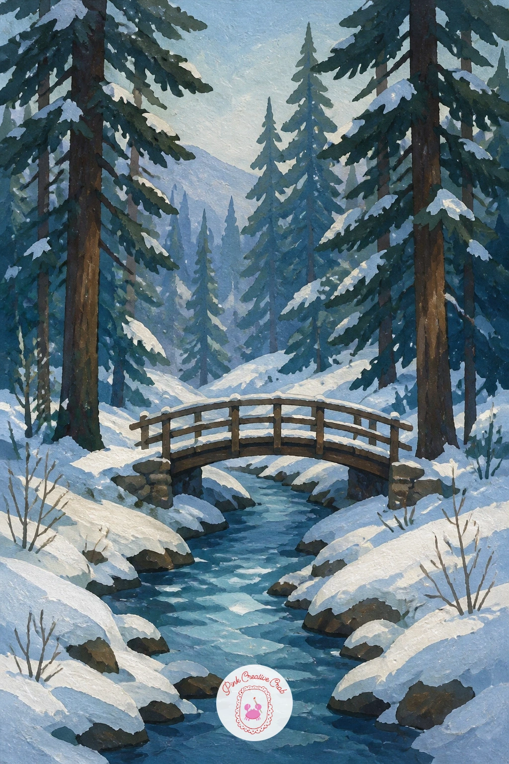 Little Bridge Over a Forest Creek — Close the series with a small wooden bridge arching over a narrow forest creek. Winter forest painting